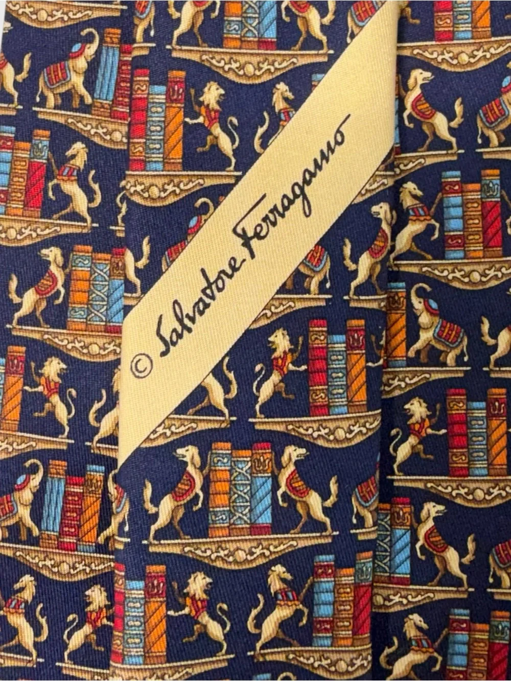 Salvatore Ferragamo Multicolor Animal Library Book Silk Neck Tie - Picture 5 of 7